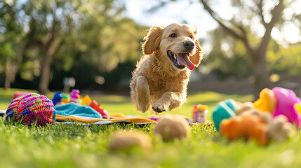 A Joyful Day in the ParkA Playful Dog Surrounded by Colorful Pet Products and Treats