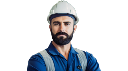 Factory worker wearing a safety helmet standing on transparent background PNG.

