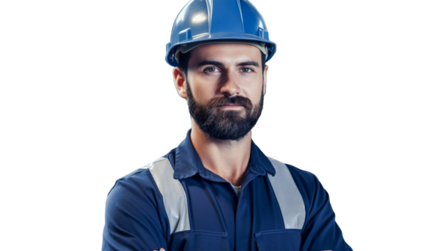 Handsome man industrial engineer wearing a blue workwear and hardhat isolated on transparent background PNG. 