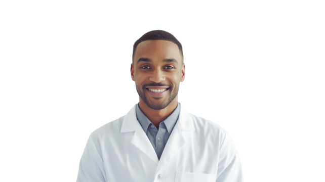 Young African American man wearing lab coat and smiling isolated on transparent background PNG.
