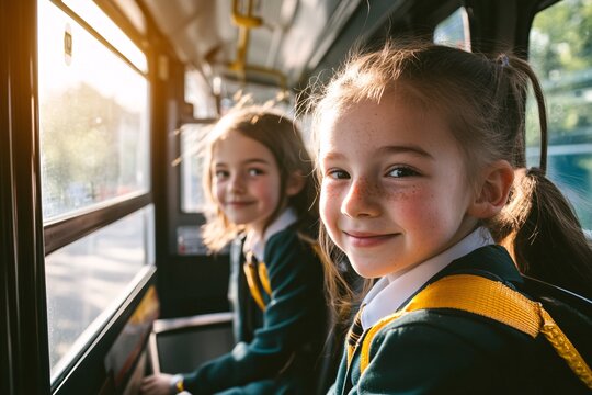 Two cheerful schoolgirls smile while sitting on a bus, enjoying a sunny day on their way to school.