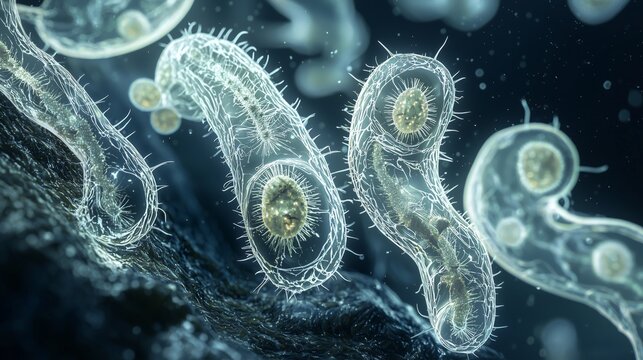 A detailed view of parasitic worms under a microscope, with glowing white bodies and intricate internal structures