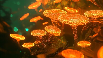 A close-up of fungal spores, glowing in neon orange, with intricate textures floating in a transparent, liquid-like background