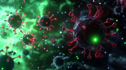A dynamic representation of coronavirus particles, with red spike proteins and glowing green cores in a fluid-like environment