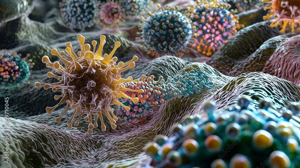 Poster a 3d rendering of a virus attacking a group of healthy cells, with vibrant color contrast between th