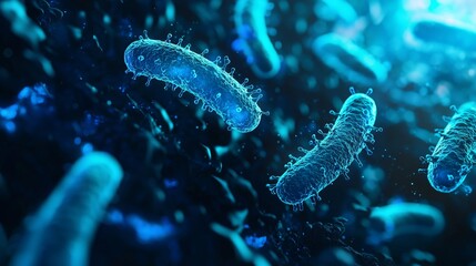 A detailed 3D view of rickettsia bacteria, with rod-shaped cells glowing in bright blue, floating in a fluid-like environment