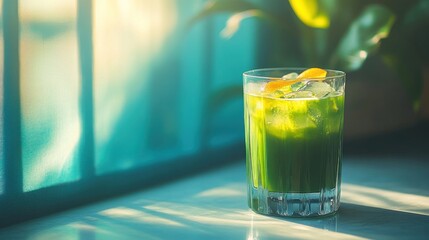 Close-up of a refreshing green drink in a glass with ice and an orange peel garnish on a white table with a window in the background.