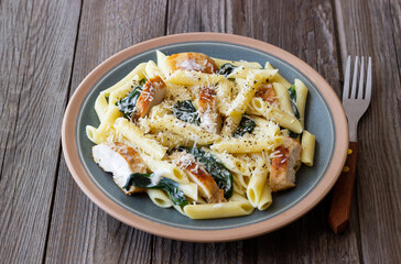 Pasta alfredo with chicken, spinach and cheese. Italian food.