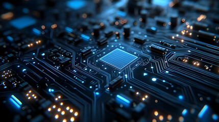 Fototapeta premium Close Up of a Circuit Board with a Blue Processor