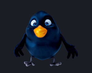 Fun 3D cartoon black bird talking and presenting