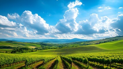 Fototapeta premium A picturesque view of rolling vineyards under a vibrant sky with fluffy clouds, showcasing the beauty of nature and agriculture in a tranquil setting. 