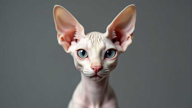 A sphinx cat in close-up on a gray background