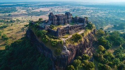 Fototapeta premium Aerial perspective of the majestic Preah Vihear Temple, perched on a cliff with sweeping views of the surrounding plains.