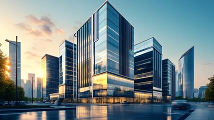 Obraz premium A modern urban skyline at sunset featuring sleek glass buildings and a tranquil street scene. 
