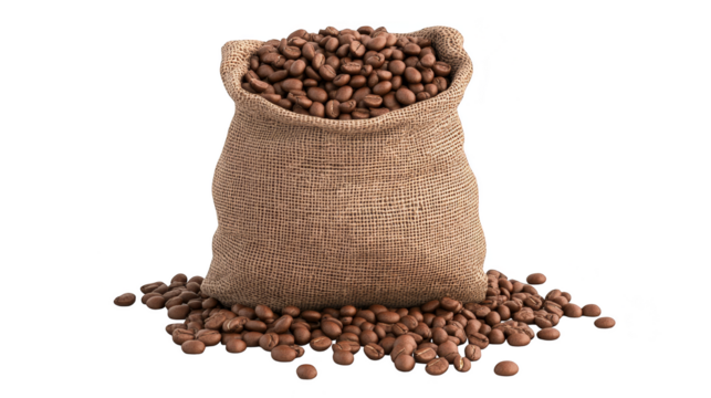 Burlap sack full of coffee beans isolated transparent background