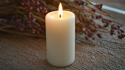 A glowing white candle with a flickering flame surrounded by dried flowers, creating a warm and serene ambiance for relaxation and mindfulness.