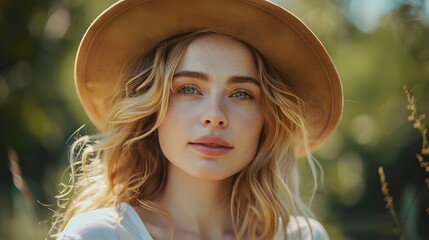 A young woman with wavy blonde hair and a straw hat smiles softly in a natural outdoor setting, exuding a warm and inviting aura. 
