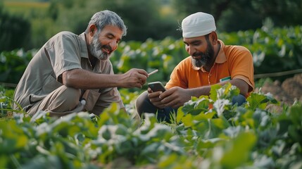 Two farmers collaborating and smiling while using a smartphone in a lush green vegetable field, showcasing modern agriculture practices. 