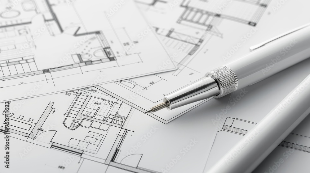 Poster a drafting pen rests on detailed architectural blueprints spread across a desk. the precise lines an