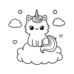 Adorable cat unicorn hand drawn coloring page vector illustration