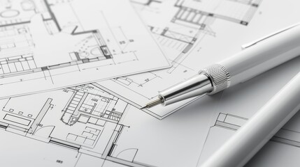 A drafting pen rests on detailed architectural blueprints spread across a desk. The precise lines and intricate designs showcase the meticulous planning involved in architectural projects, making it