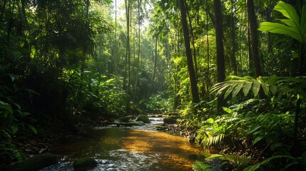 Fototapeta premium Sunlight filtering through the canopy of a dense rainforest, illuminating a small stream flowing through the lush foliage.