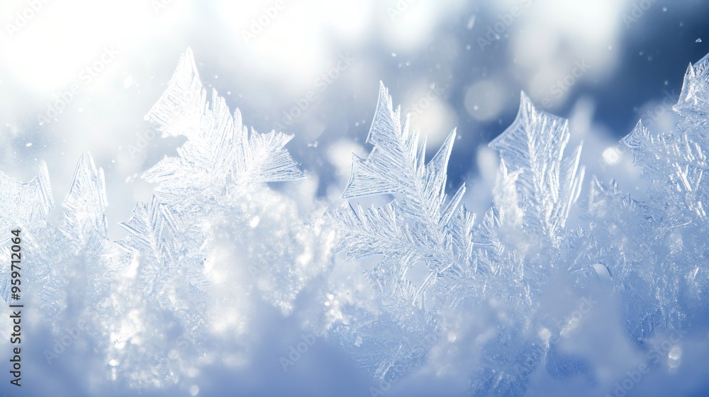 Aufkleber macro shot of intricate ice crystals on a blue background with bokeh effect.
