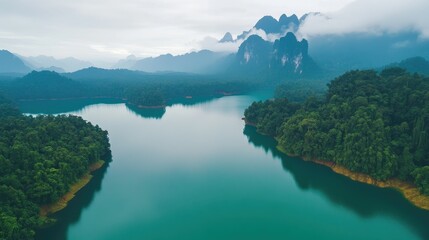 Aerial shot of Khao Sok National Park, showcasing the dense rainforest and emerald-green Cheow Lan Lake.