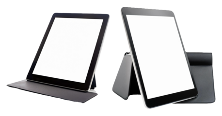 Two digital tablets in a black cover stand isolated on transparent background
