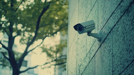A modern surveillance camera mounted on a textured wall. The camera is positioned to monitor its surroundings. A tree is visible in the background, emphasizing urban life. AI