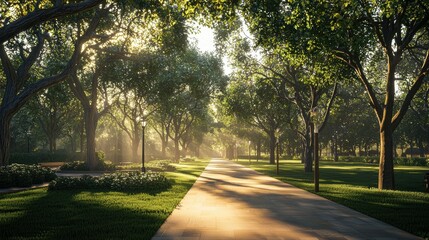 Obraz premium Peaceful Walkway Through Lush Park with Sunlight Filtering Through Trees
