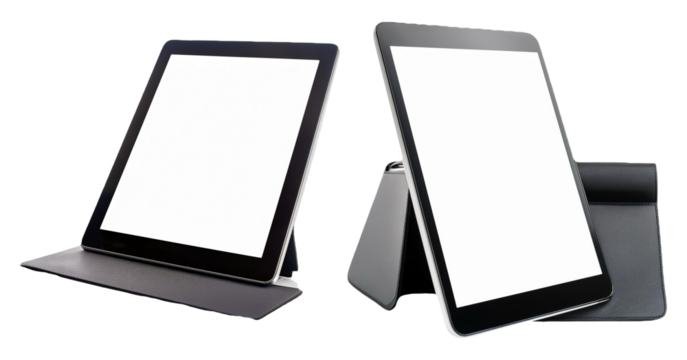 Two digital tablets in a black cover stand isolated on transparent background