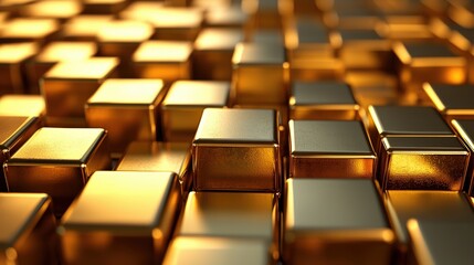 Obraz premium Geometric 3D gold squares, arranged in a seamless grid, high contrast, soft depth of field. Abstract and Minimalistic Design Backgrounds