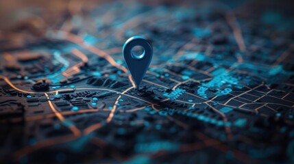 Blue Location Pin on a Futuristic City Map. Concept of Navigation, Location Tracking, and Urban Exploration.
