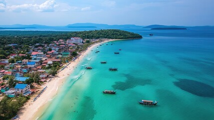 Aerial shot of the coastal city of Sihanoukville, with sandy beaches, turquoise waters, and distant islands.