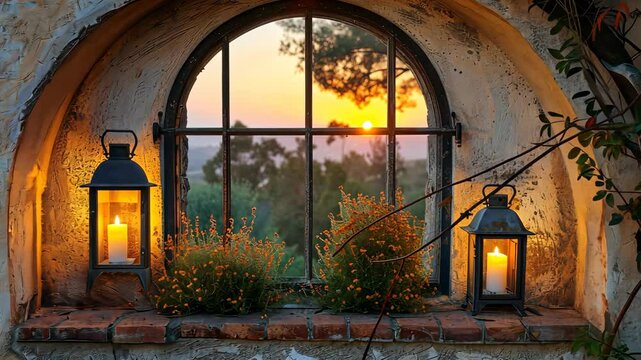 Candlelit window frame with sunset view, rustic charm. Romantic evening atmosphere concept