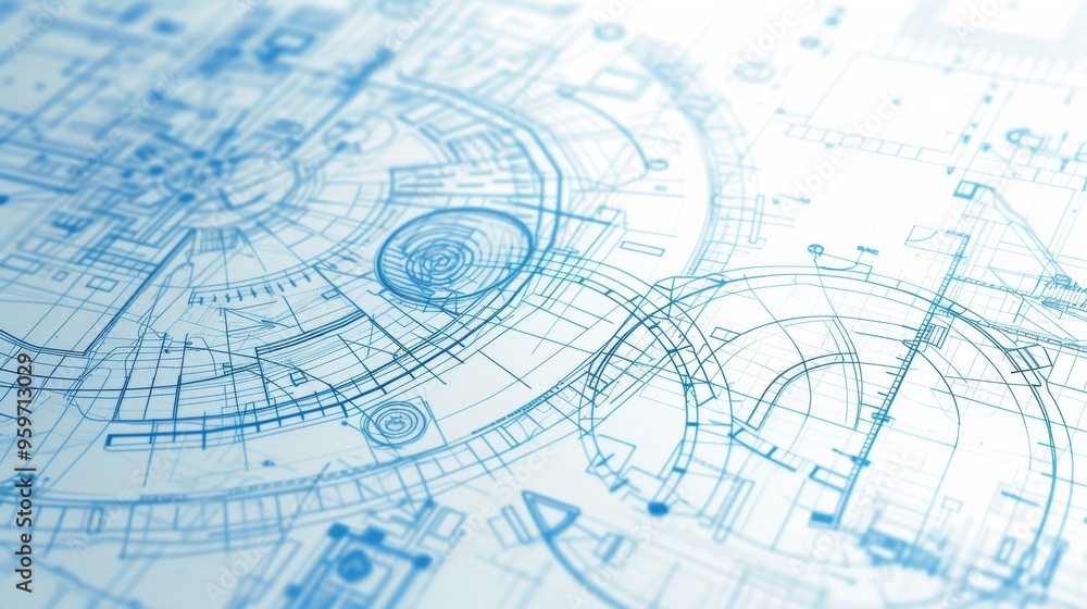 Poster a close-up view of intricate technical blueprints featuring precise geometric shapes and measurement