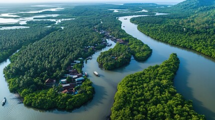 Aerial shot of the dense mangrove forests of Koh Kong, with winding waterways and small fishing villages.
