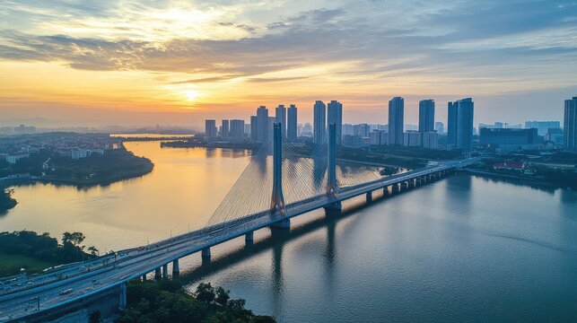 Aerial shot of the iconic Jambatan Sultan Ismail bridge crossing the Johor River in Johor Bahru.