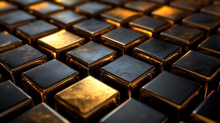 Dynamic 3D gold squares, staggered depth, sharp contrast, reflective surfaces. Abstract and Minimalistic Design Backgrounds