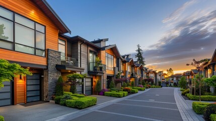 Obraz premium A row of luxurious townhouses with a harmonious mix of wood stone and glass accents nestled amidst manicured landscaping and bathed in the warm glow of the setting sun