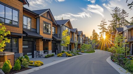 Fototapeta premium A row of luxurious townhouses with a harmonious mix of wood stone and glass accents nestled amidst manicured landscaping and bathed in the warm glow of the setting sun