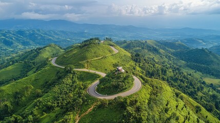 Aerial shot of the lush landscape and winding roads leading to the top of Doi Pha Tang in Chiang Rai.