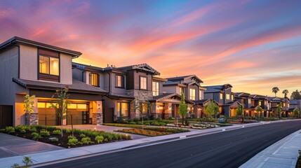 A row of luxurious townhouses with a harmonious mix of wood stone and glass accents nestled amidst manicured landscaping and bathed in the warm glow of the setting sun