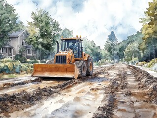 Obraz premium Bulldozer leveling ground for a new road, suburban neighborhood, watercolor style