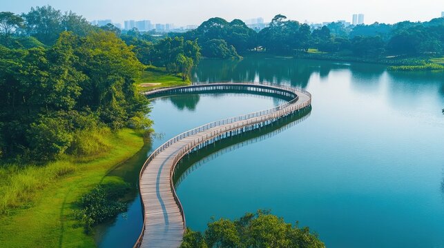 Aerial shot of the peaceful waters and walking paths at the Lower Seletar Reservoir, with scenic boardwalks.