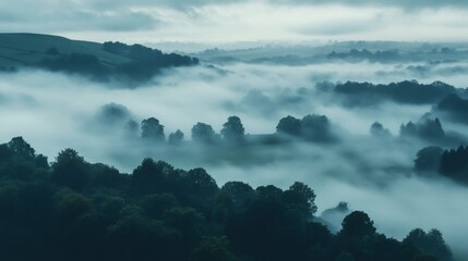 Obraz premium Misty morning in a valley with fog rolling over a forest of trees.