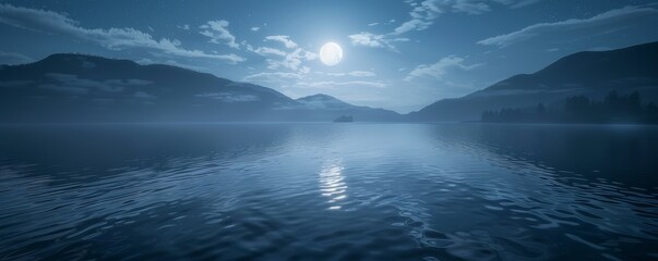 Naklejka premium A serene moonlit night reflecting on the calm surface of a lake, 4K hyperrealistic photo