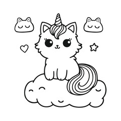 Adorable cat unicorn hand drawn coloring page vector illustration