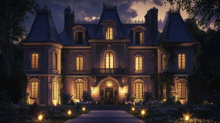 Illuminated Grandiose Mansion in Historic European Style with Landscaped Gardens at Night